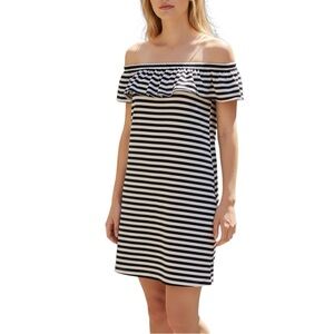 Kate Spade Stripe Off Shoulder Shift Dress Layered Ruffle Top Size M Black White